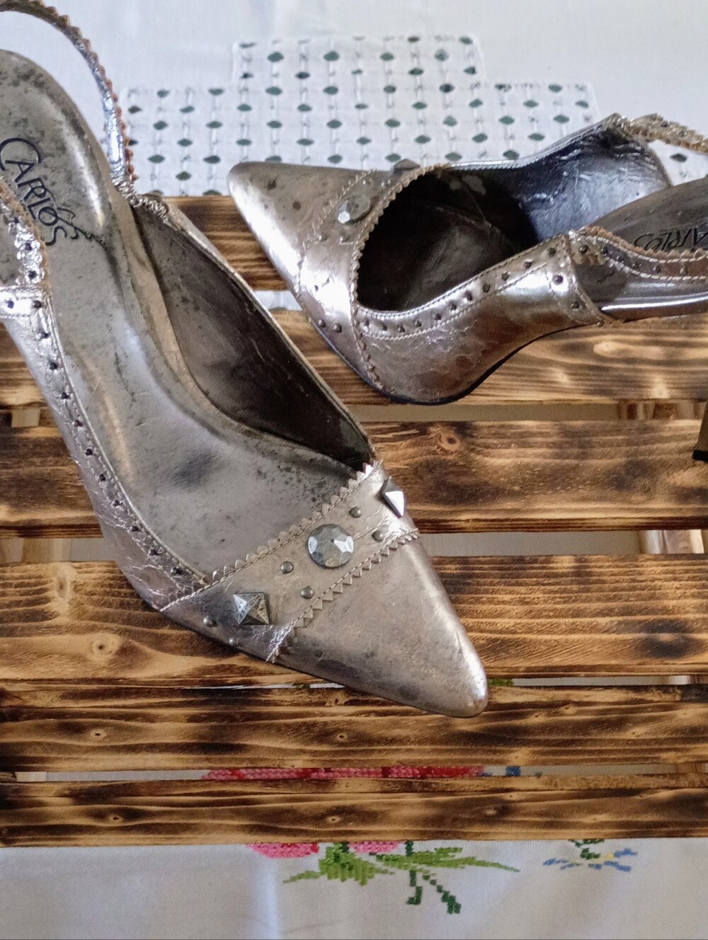 Carlos Santana Metallic Silver Pointed Slingback Heels with Stud Embellishments